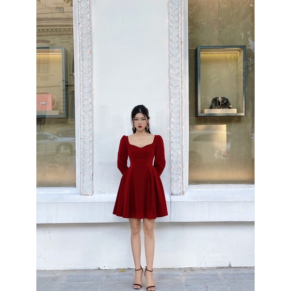 Min by Ann- Đầm xoè nhung dài tay cổ tim nữ tính Kayla dress
