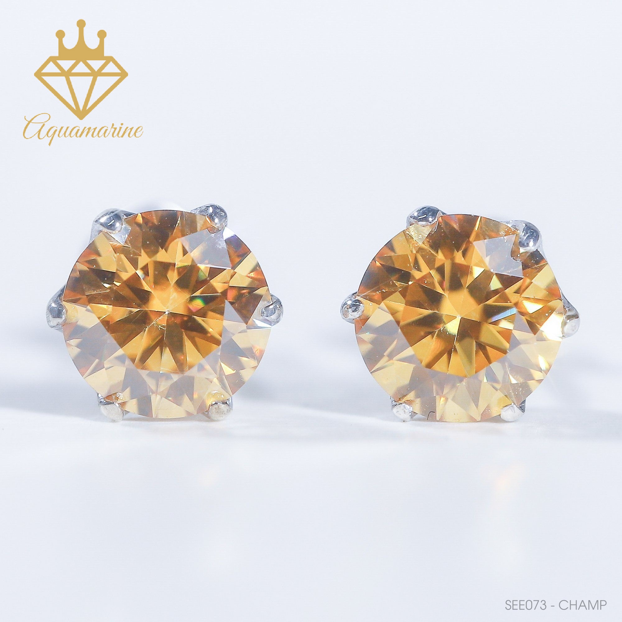 Bông tai kim cương nhân tạo Moissanite 6.3 ly Champagne kiểm định GRA bạc xi bạch kim SEE073 (6 chấu)