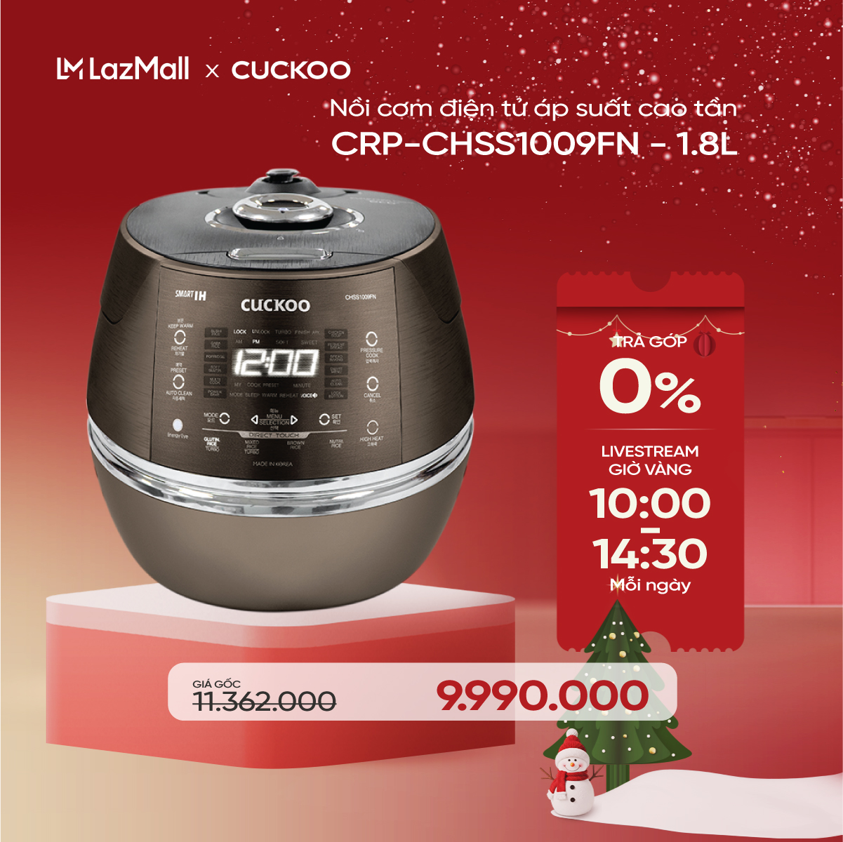 Nồi cơm điện tử áp suất cao tần Cuckoo 1.8L CRP-CHSS1009FN Màu nâu - Lòng nồi phủ men Xwall độc quyền - Bảng điều khiển thông minh - Nhiều chế độ nấu ăn - Sản xuất tại Hàn Quốc - Phiên bản Quốc tế