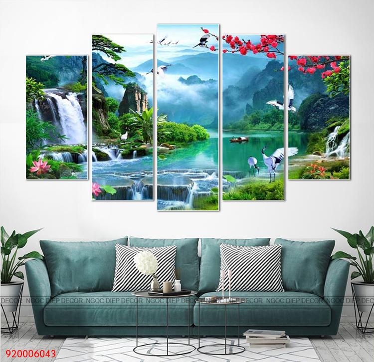 Khung tranh dán tường phòng khách Sơn Thủy hữu tình 3D, tranh phong thủy tài lộc