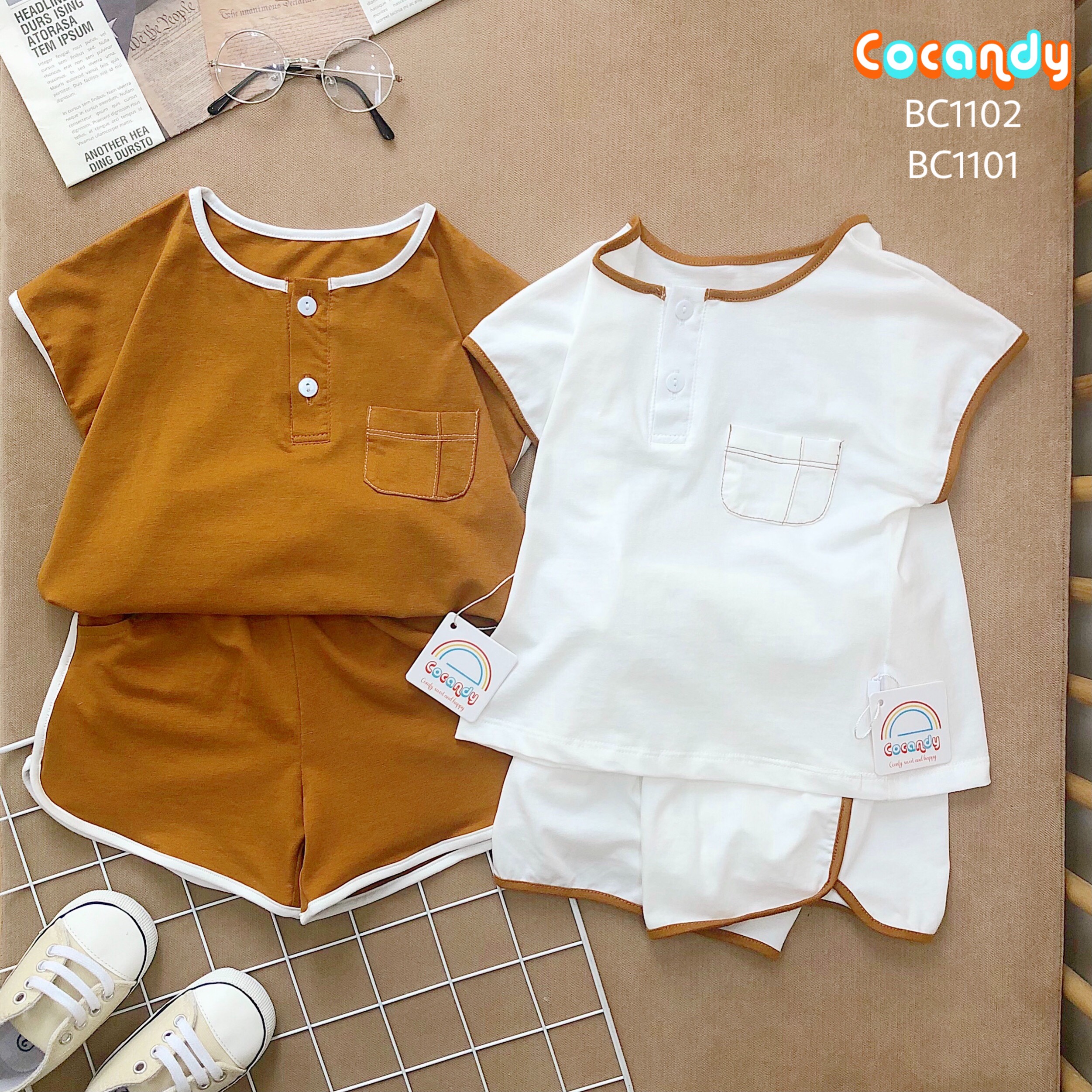Cocandy Official Store Bộ quần áo thun cotton viền trắng nâu cho bé