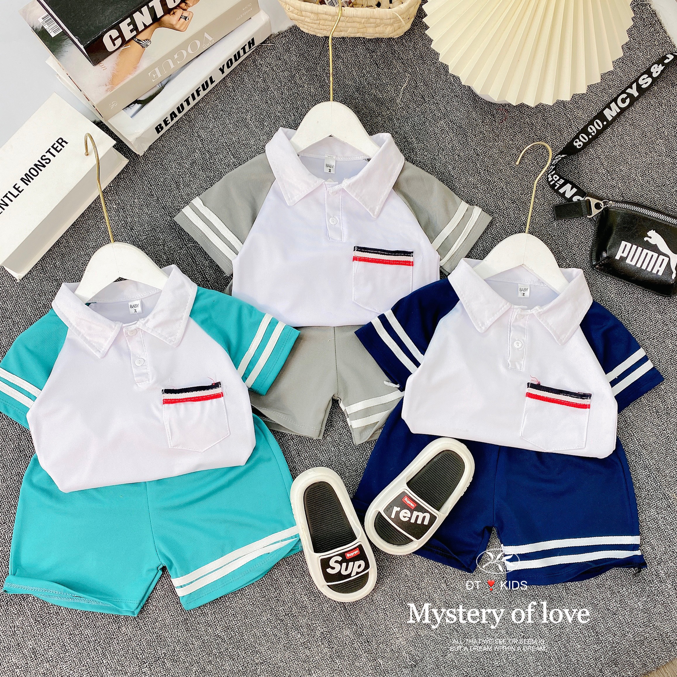 Bộ cộc tay bé trai, bộ polo cá sấu phối kẻ cổ trụ bo dệt xịn sò cho bé trai từ 8 - 25kg