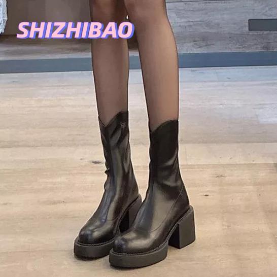 ❀ lj7.13 giày boot cao gót cổ ngắn thời trang thu đông mới cho nữ