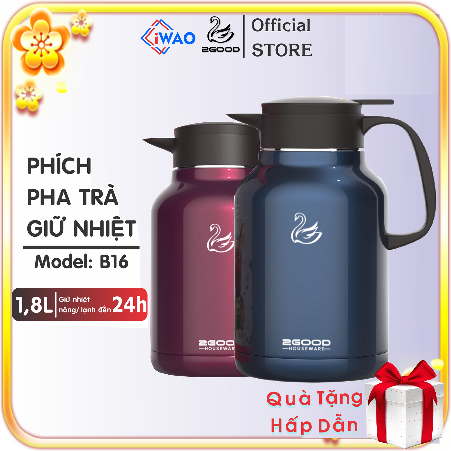 Phích Pha Trà Giữ Nhiệt 2GOOD FLASK B16 (1.8L) Hàng Chính Hãng Bảo Hành Dài Hạn