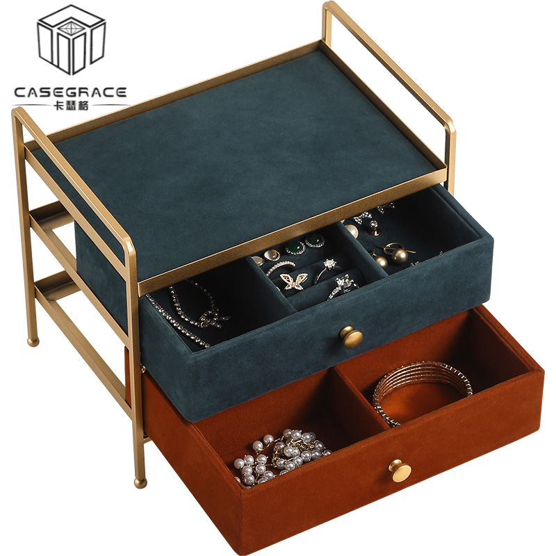 Casegrace Hộp đồ trang sức cổ điển Ngăn kéo đôi Ngăn kéo kim loại Giá để bàn để đồ Giá treo đồ trang sức Hộp đựng đồ trang sức Khay đựng đồ trang sức，hộp đựng trang sức nữ