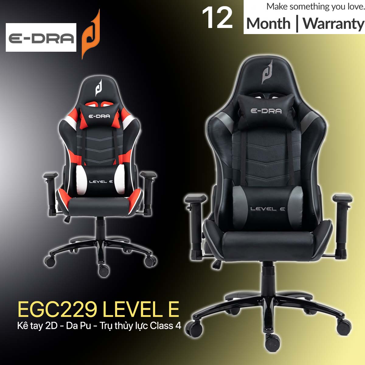 Ghế chơi game cao cấp e-dra egc229 level e đen xám - kê tay 2d - da pu - trụ thủy lực class 4 - hàng chính hãng