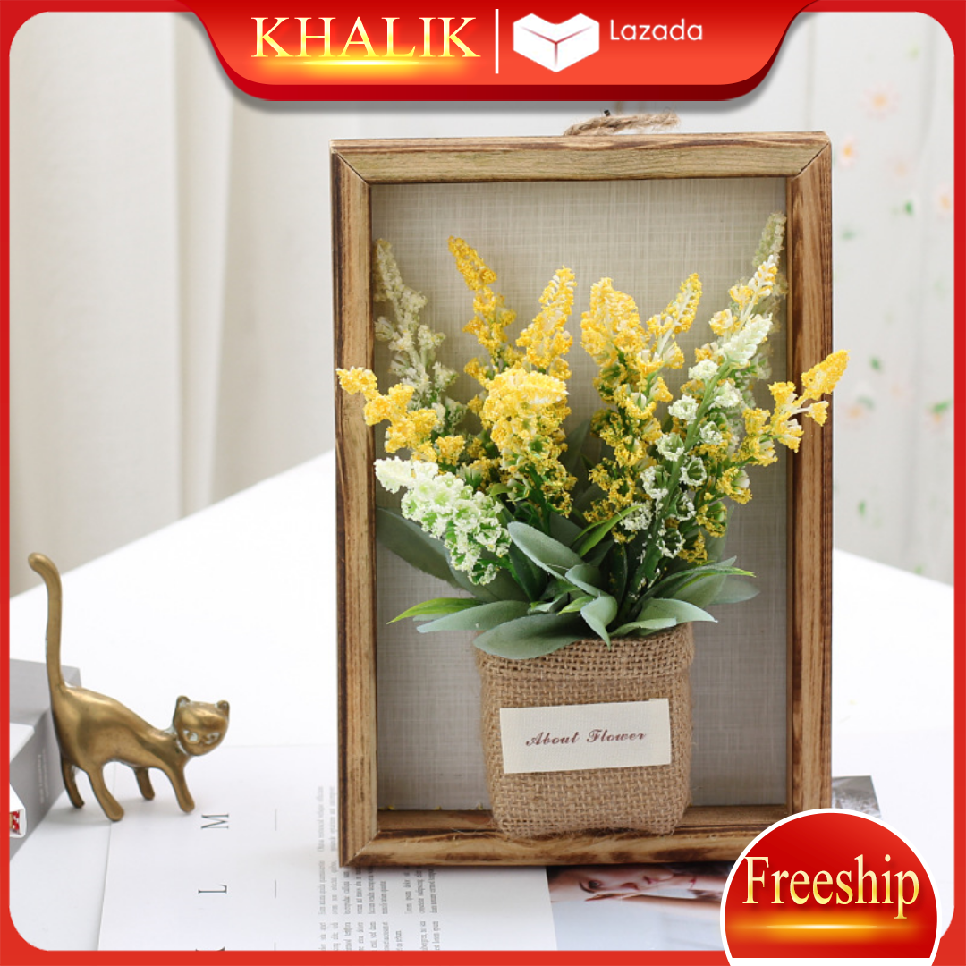 [FREESHIP] Hoa giả trang trí kiểu khung ảnh treo tường, hoa oải hương KHALIK -  chậu hoa bằng vải bố kèm khung ảnh bằng gỗ - HF016-1 (nhiều màu lựa chọn)