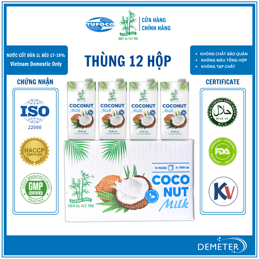 Thùng Nước Cốt dừa Ba Cây Tre Milk Béo 17-19% 1 Lít x 12