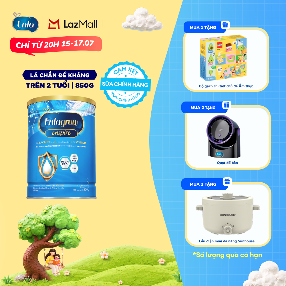 [CHỈ TỪ 15-17/07 MUA LÀ CÓ QUÀ] Sữa bột Enfagrow Enspire 3 850g hỗ trợ đề kháng với Lactoferrin dành cho trẻ từ 2-6 tuổi