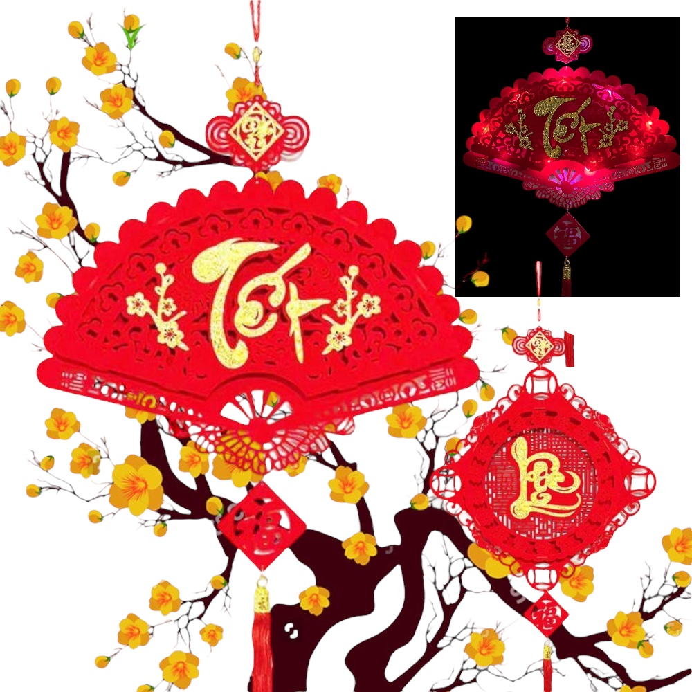Khánh Đỏ Treo Tết Có Đèn Led 3 chế độ sáng - Liễng Vuông - Khánh Quạt Đỏ Chữ Kim sa Vàng Trang Trí Tết