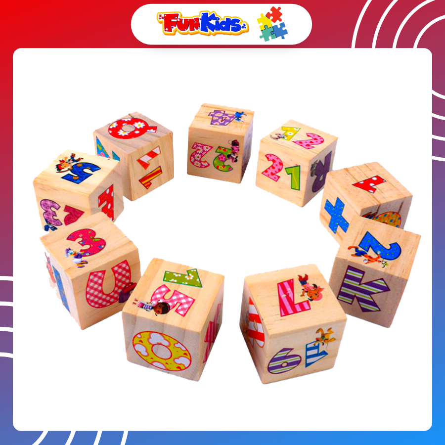 Đồ chơi trẻ em xếp hình 9 khối vuông bằng gỗ, in 6 mặt giúp trẻ nhận biết chữ và số, phát triển trí não và khả năng tư duy logic