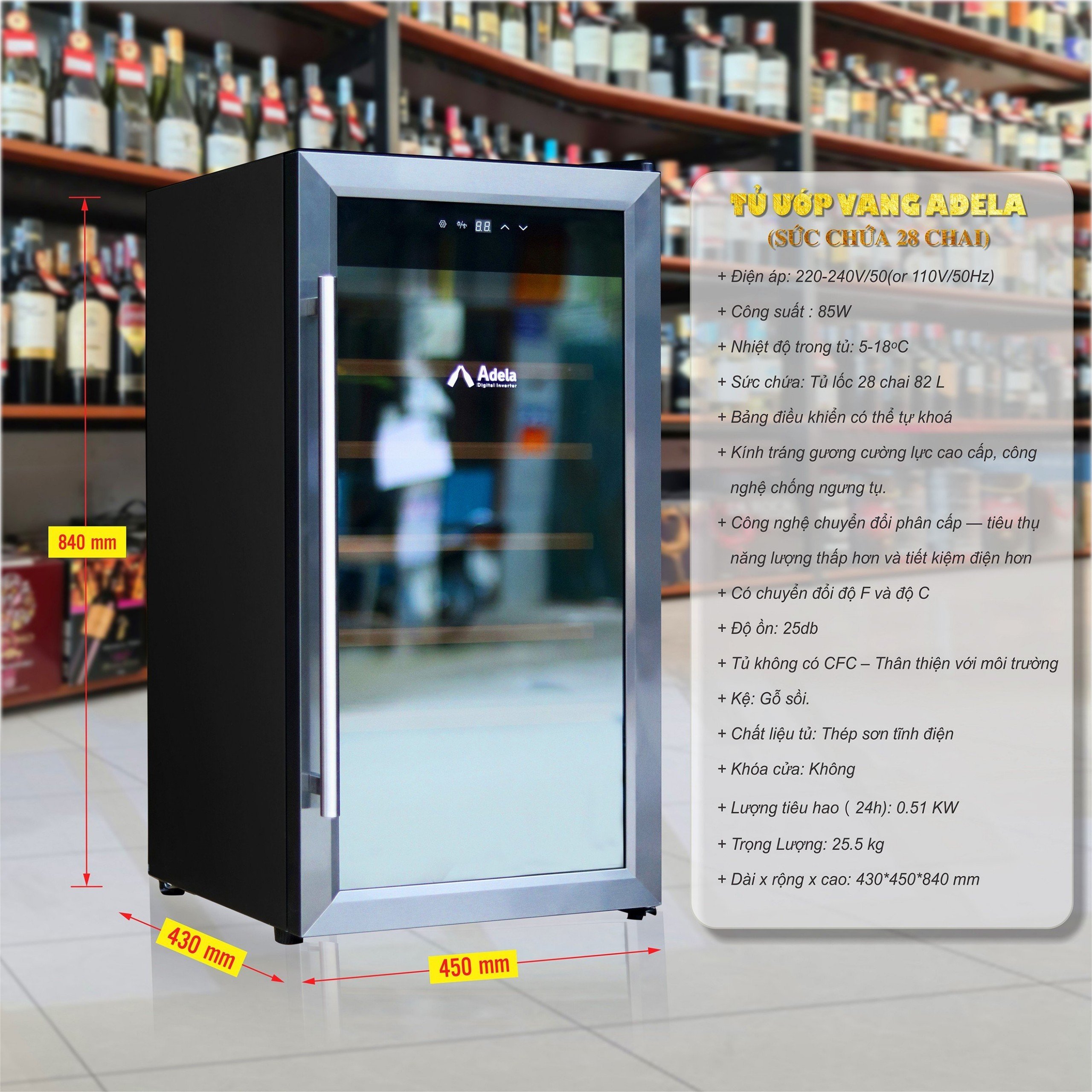 Tủ rượu vang, Tủ bảo quản rượu vang ADELA digital inverter 28