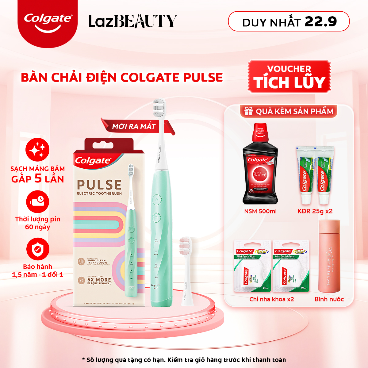 Bàn chải điện Colgate PULSE công nghệ sóng âm sạch mảng bám gấp 5 lần pin 60 ngày