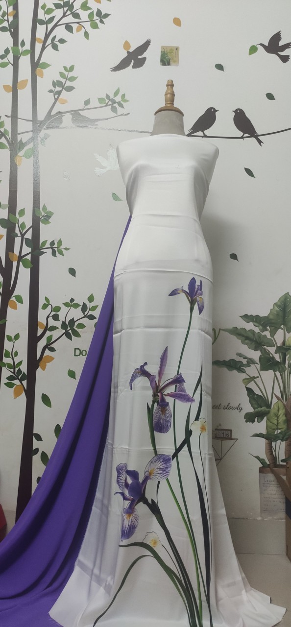 Vải áo dài đẹp Thái Tuấn in KTS, hoạ tiết đơn giản - có giãn, in trên mộc lụa ánh kim mẫu cũ