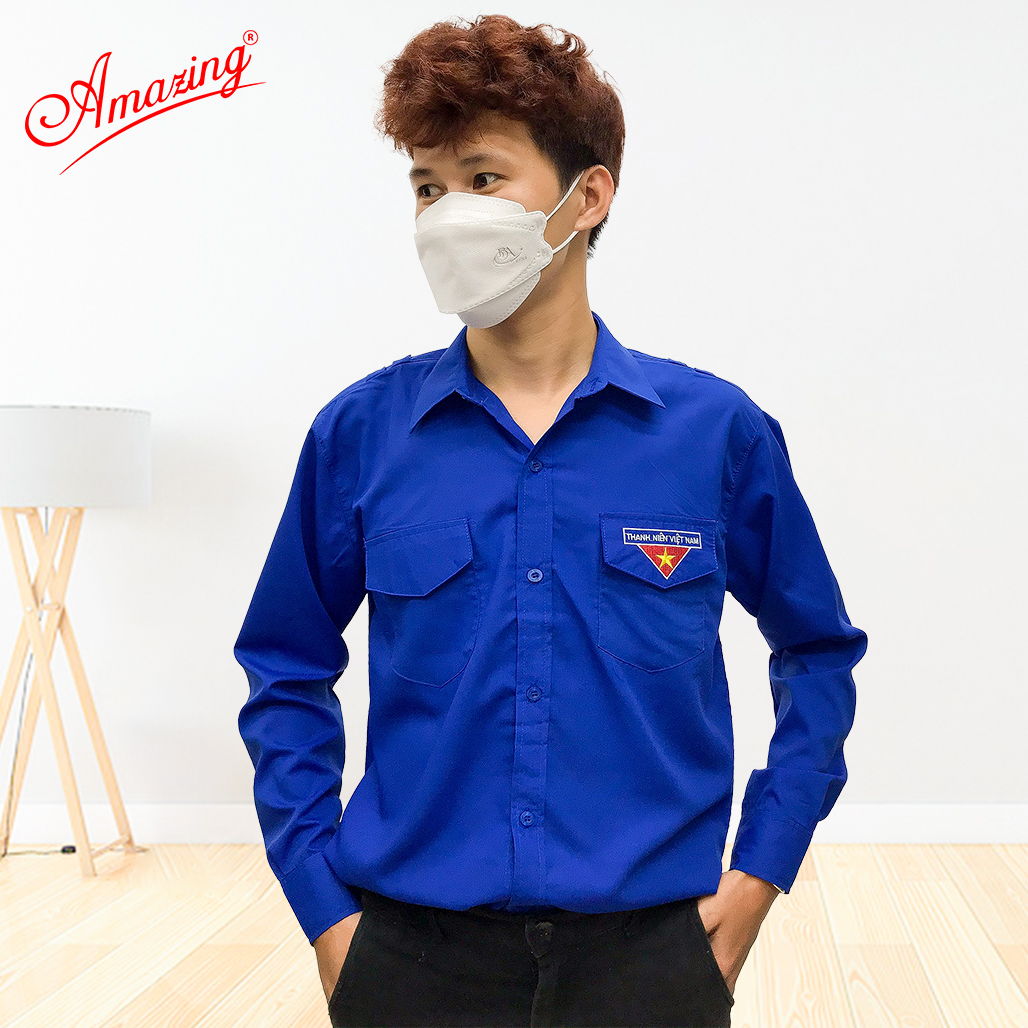  Áo sơ mi đoàn viên đồng phục thanh niên Việt Nam cho nam thêu cờ đỏ sao vàng 2 túi có nắp và cầu vai tay ngắn và tay dài 