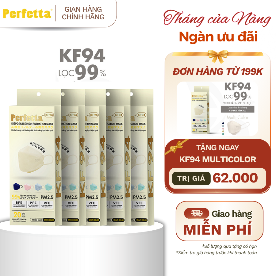 (TẶNG KF94 ĐH 199K) Combo 5 Hộp Khẩu Trang Y Tế Cao Cấp Perfetta KF94, Thanh Nẹp Mũi Mềm Mại (20 Cái/Hộp)