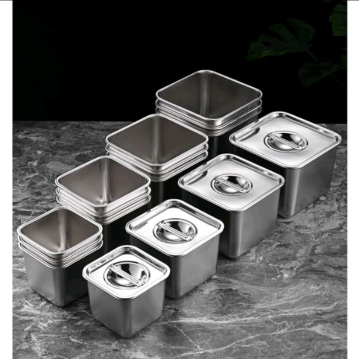 Khay Inox Vuông Đựng Thạch Trà Sữa - Đựng Gia Vị / Topping Kèm Nắp Đậy