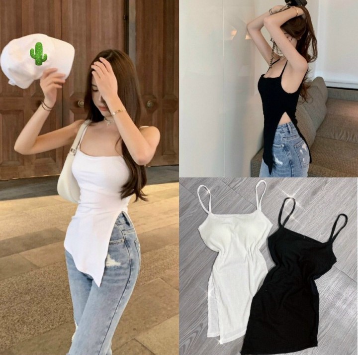 Áo 2 dây xẻ tà chất thun gân cam kết hàng y hình kèm ảnh thật chính chủ
