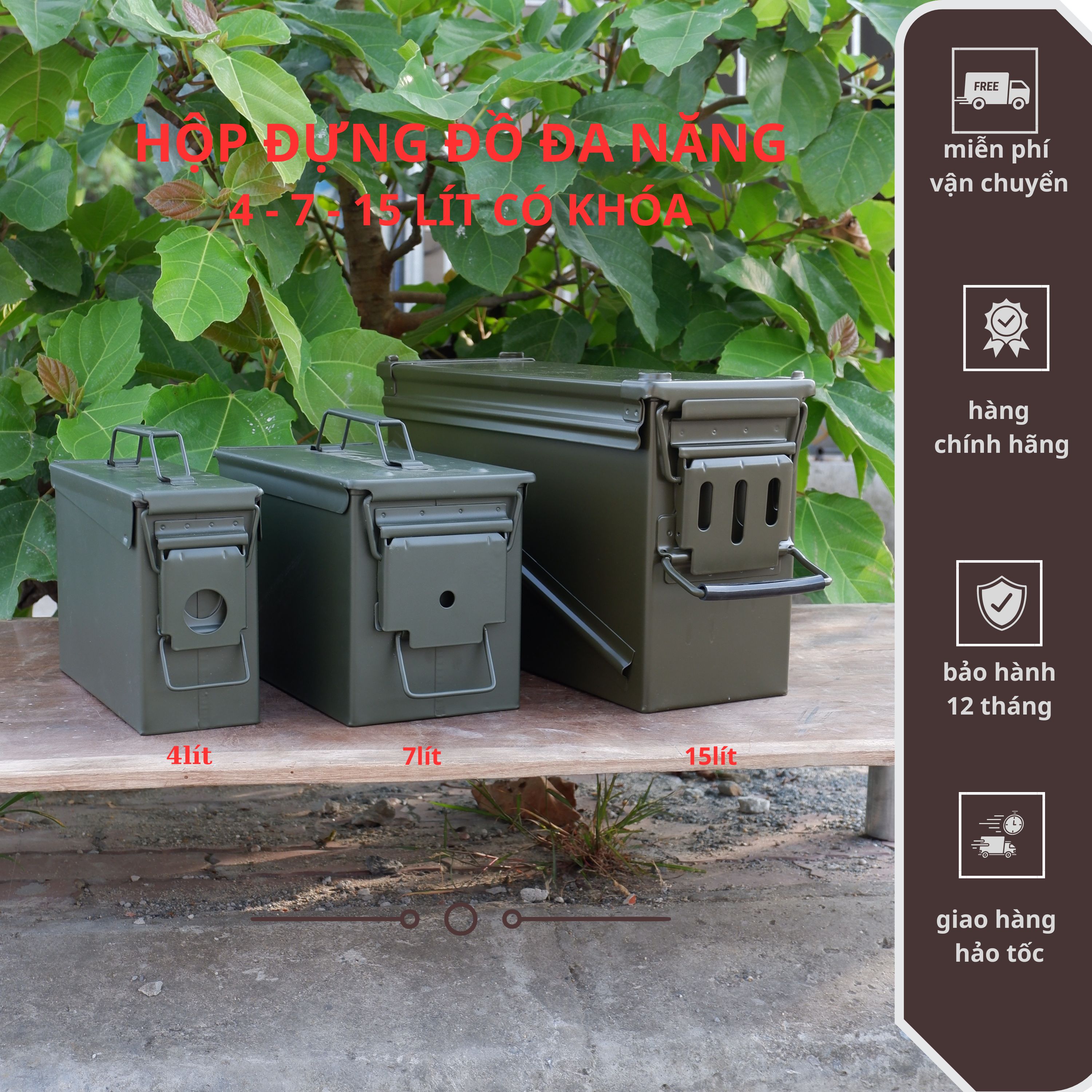 Hàng chuẩn hộp sắt 4 7 11 15 42 lít đựng đồ đa năng ,có khoá két đựng dụng cụ hàng chuẩn quân nhu xuất khẩu sac