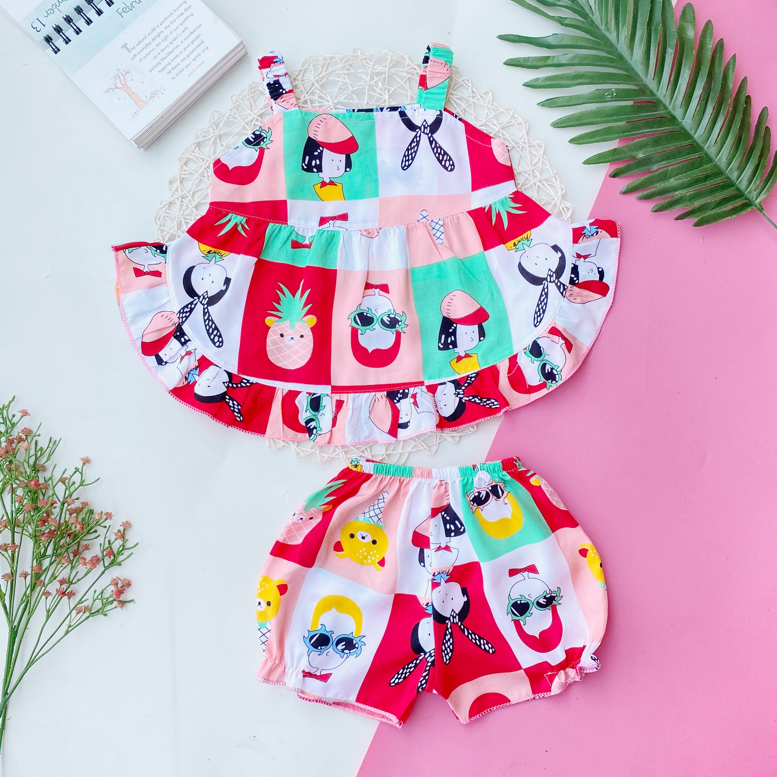 Combo 2 bộ đồ 2 dây lai cong vải tôn (tole - lanh) cho bé gái 4-9kg (GIAO MÀU NGẪU NHIÊN)