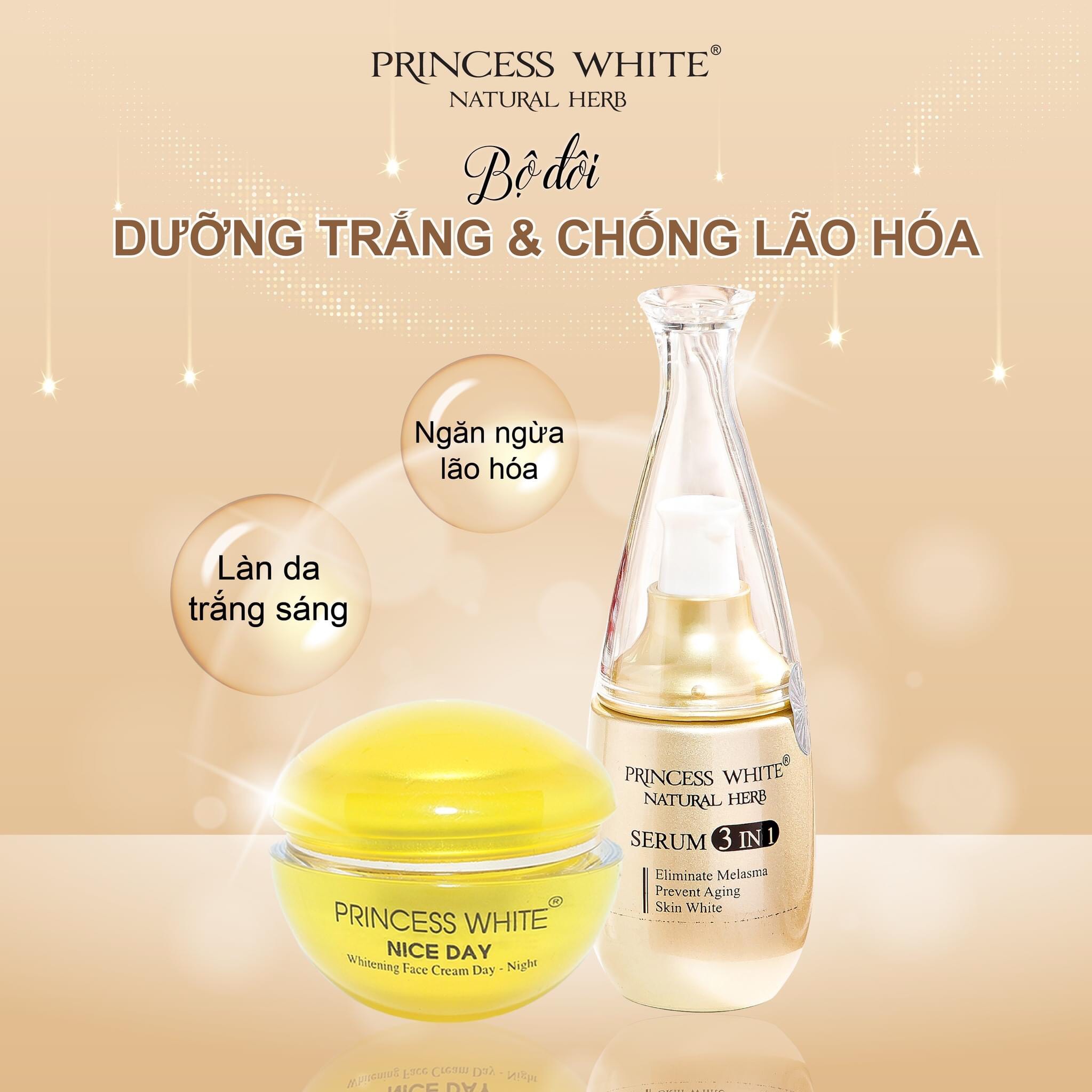 Chính hãng-Bộ Kem NICE DAY+Serum 3in1 Princess White Dưỡng Trắng Da Giữ Ẩm Ngừa Lão Hóa