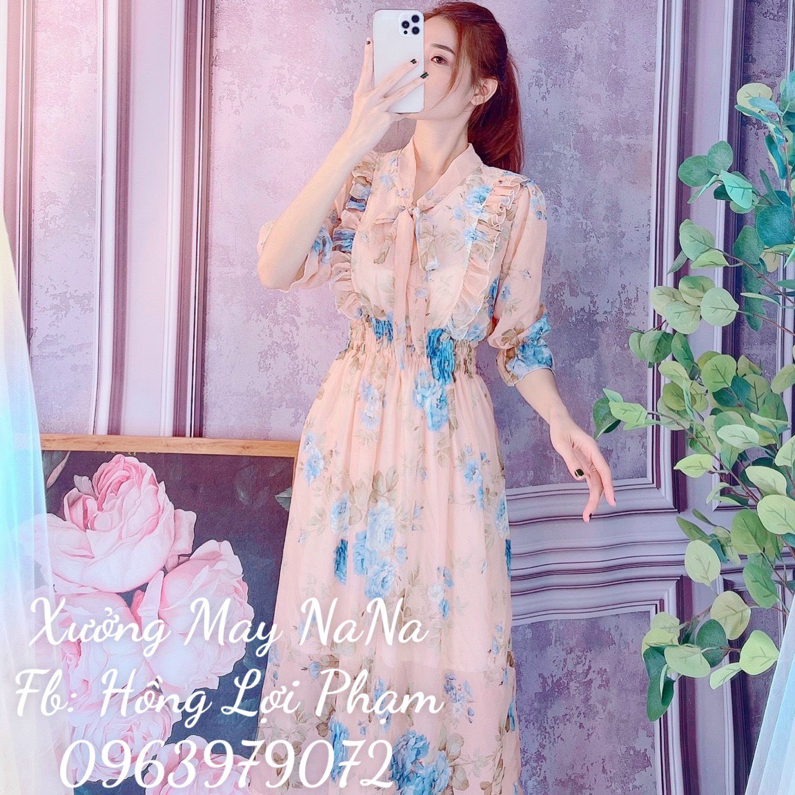 Đầm hoa nhí cột nơ tiểu thư -video+hình thật