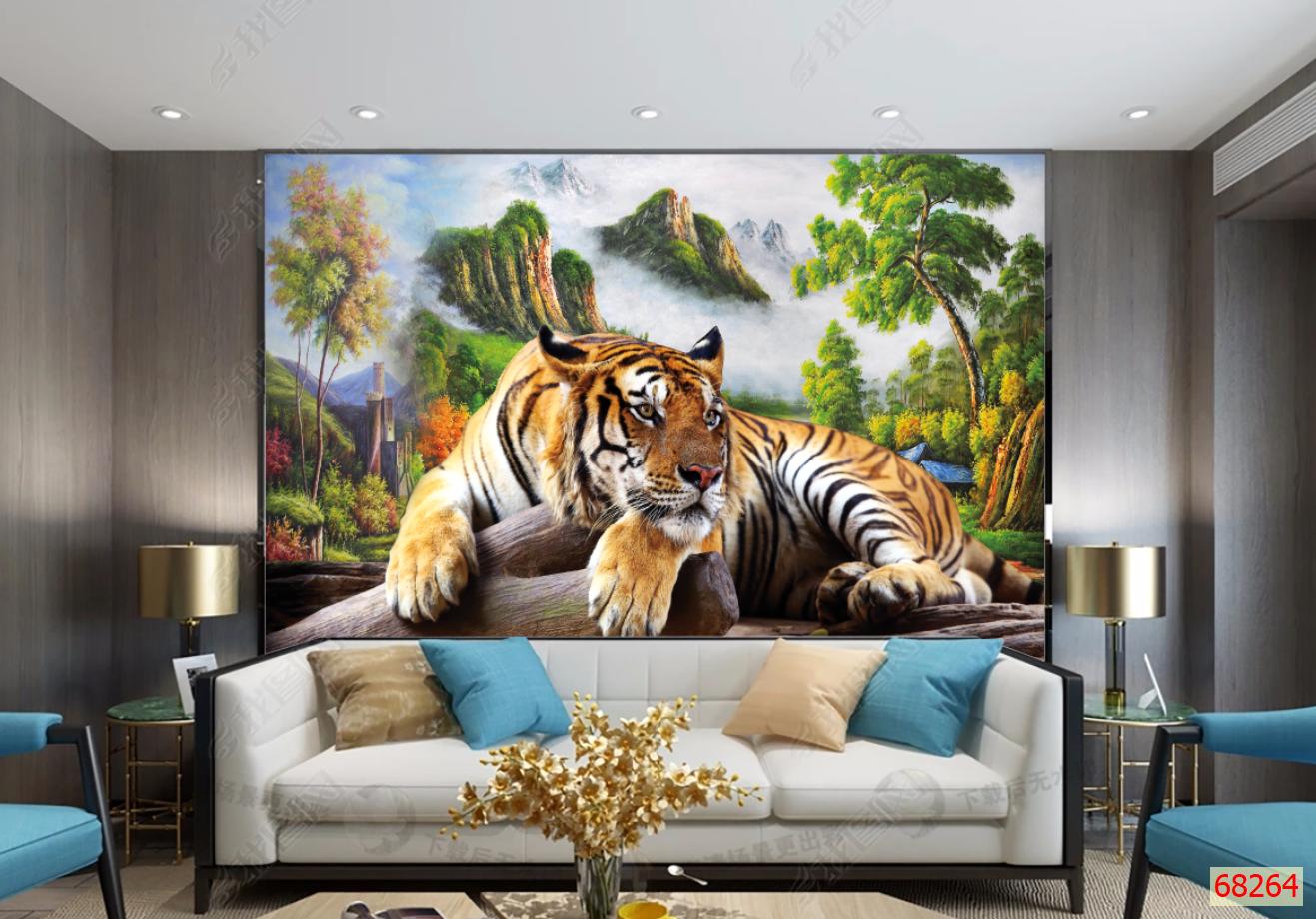 Tranh dán tường 3D hổ trang trí nhà cửa phòng khách phòng ngủ chất liệu decal pp keo sẵn bóc dán PA