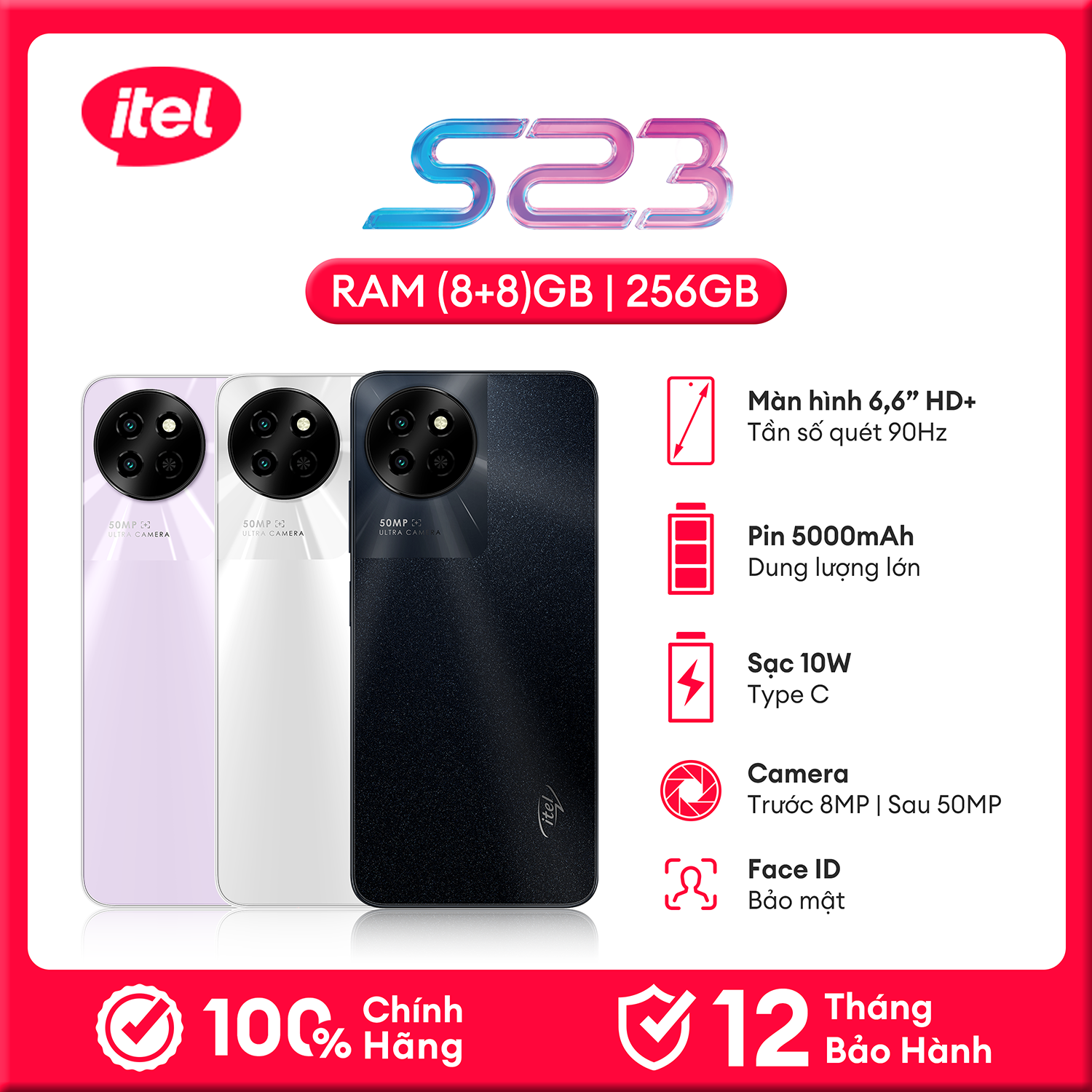 Điện Thoại Itel S23 16GB(8GB+8GB)/256GB | Pin 5000mAh | 6.6 Inch | Camera 50MP | HÀNG CHÍNH HÃNG