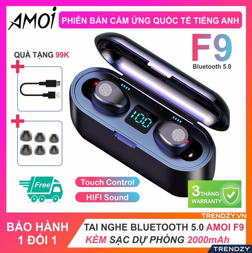 Tai nghe Bluetooth không dây cao cấp F9-34 V5.0 có mic đàm thoại cảm ứng vân tay tặng kèm dock sạc