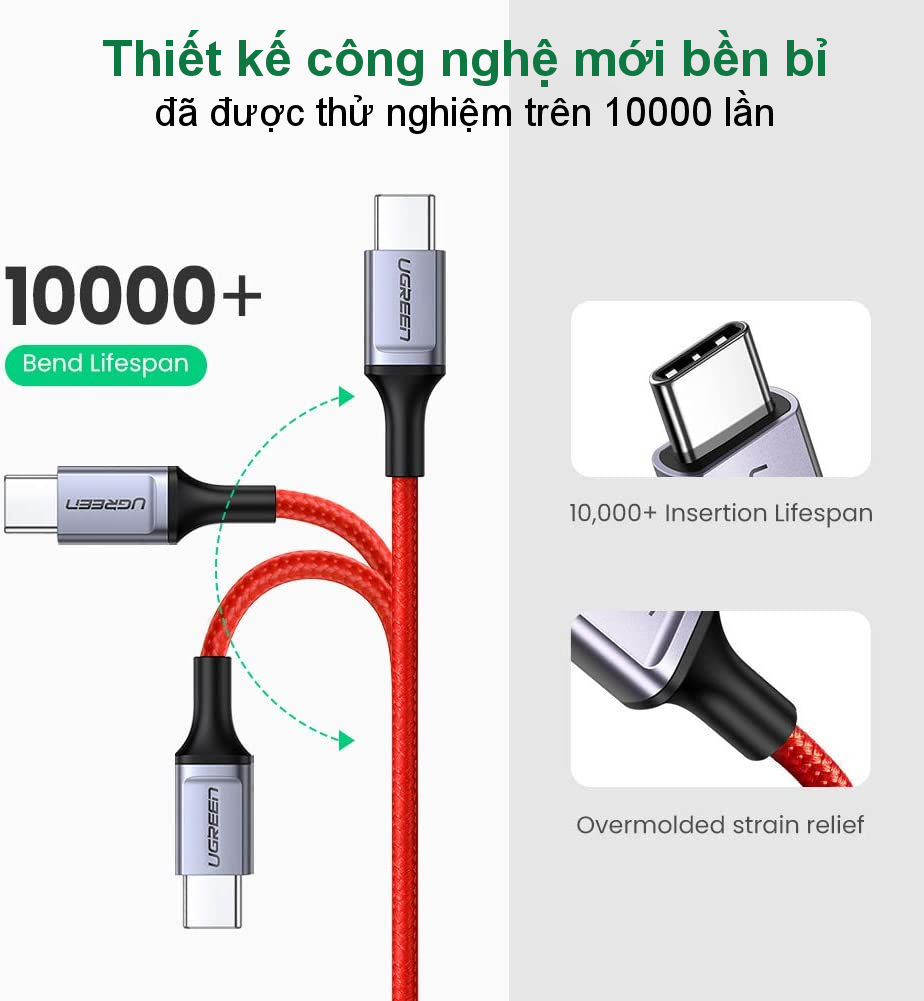 Cáp sạc và truyền dữ liệu 2 cổng USB type C, hỗ trợ sạc nhanh PD 60W, dòng tối đa 3A dây bện nylon dài 1m UGREEN US296 60186 Cáp sạc và truyền dữ liệu 2 cổng USB type C, hỗ trợ sạc nhanh PD 60W, dòng tối đa 3A dây bện nylon dài 1m UGREEN US296 60186