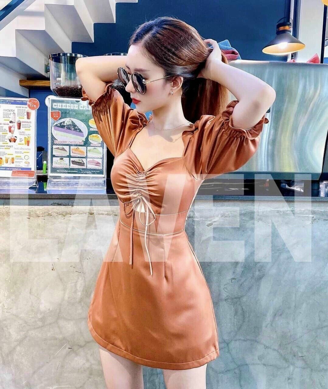 [HCM]Đầm Lụa Satin ( Có Mút ngực ) Phối Tay Phồng Cổ Rộng Hở Lưng Siêu Xinh .QC