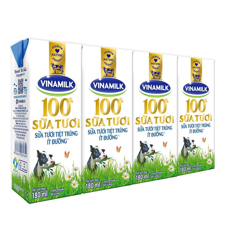 Sữa Tươi Tiệt Trùng Vinamilk 100% Ít Đường - Lốc 4 Hộp 180ml
