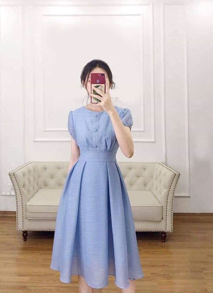 ĐẦM XANH DÁNG XÒE ĐÍNH NÚT CAO CẤP