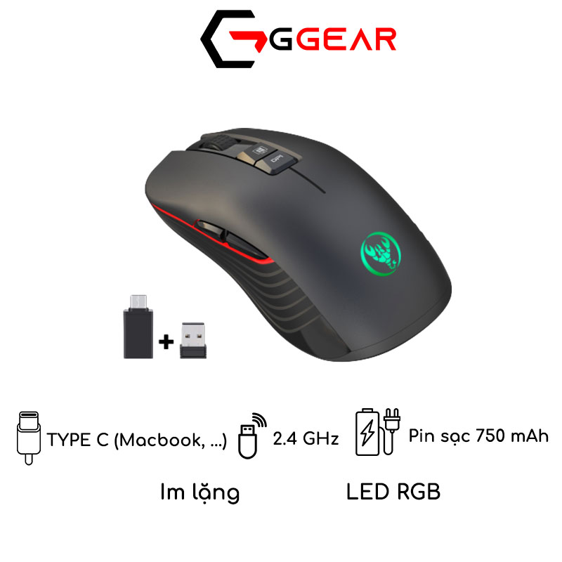 Chuột gaming không dây GGear - Chống ồn chơi game led chuẩn type C USB tương thích với Macbook - 3600 dpi pin 750 mAh GT30