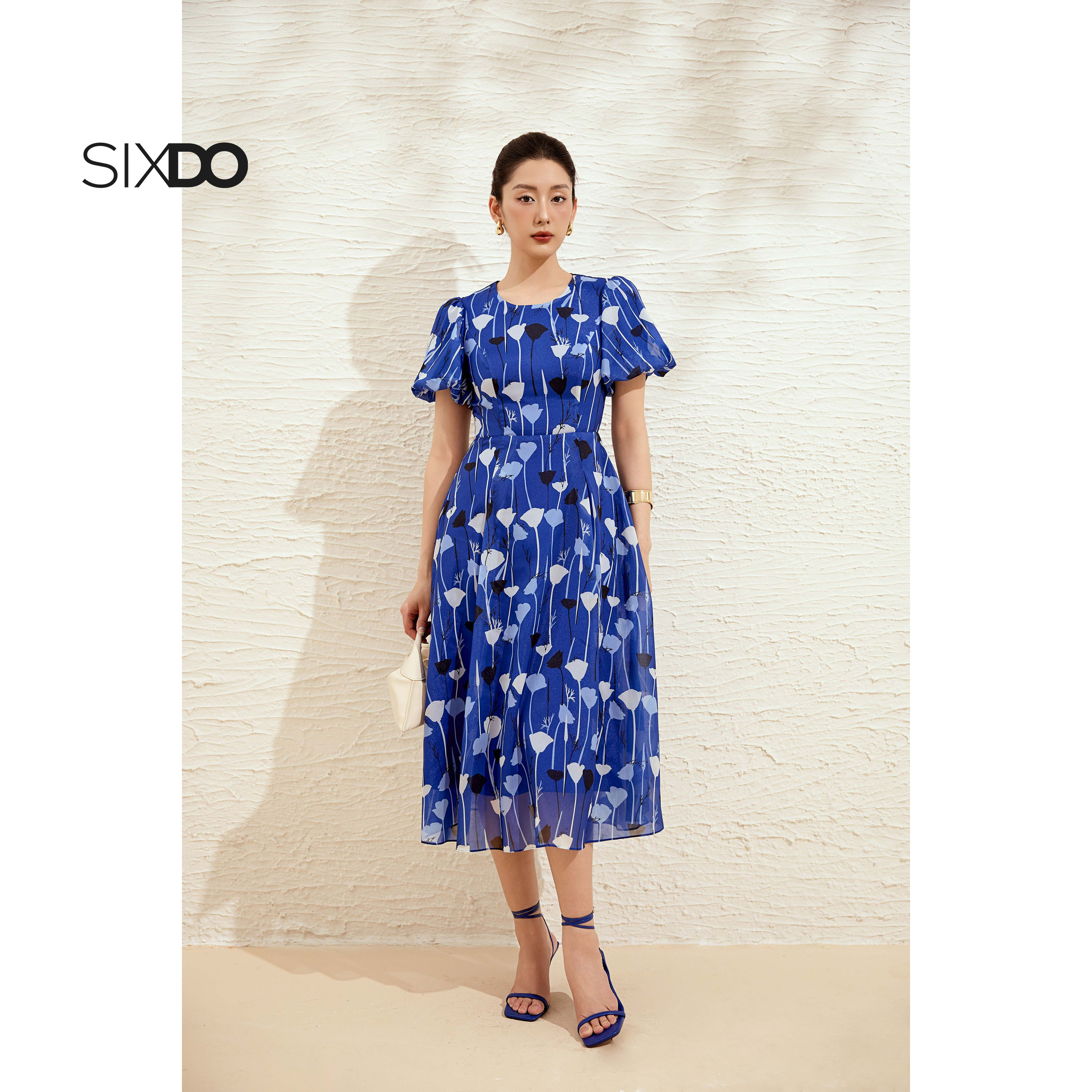  Đầm tơ organza tay bồng dáng xòe SIXDO  Dark Blue Floral Organza Flared Dress  