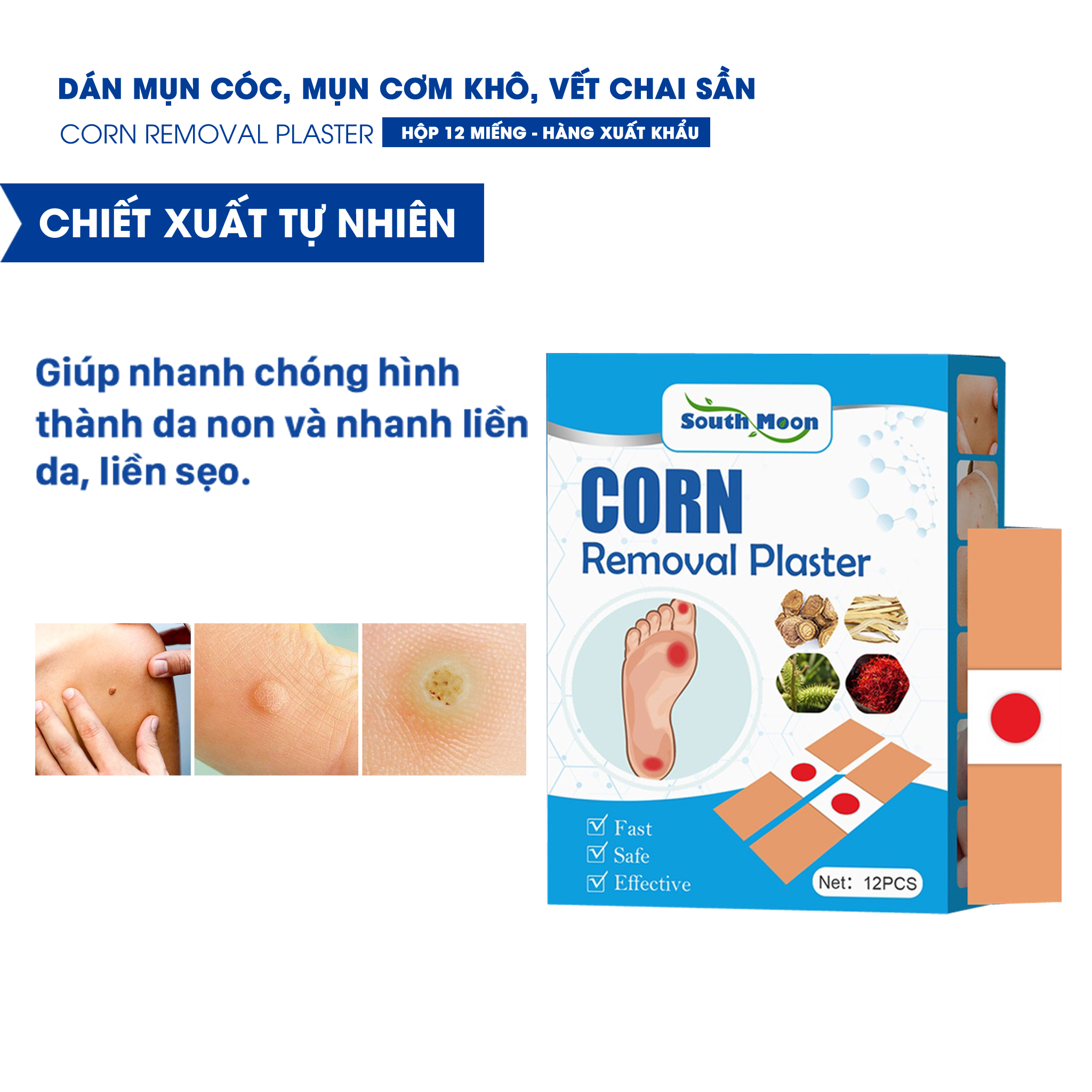 Miếng dán mụn cóc, mụn cơm mắt cá chân, vết chai, cồi cá, mụn hạt cơm corn removal plaster - hộp 12 miếng
