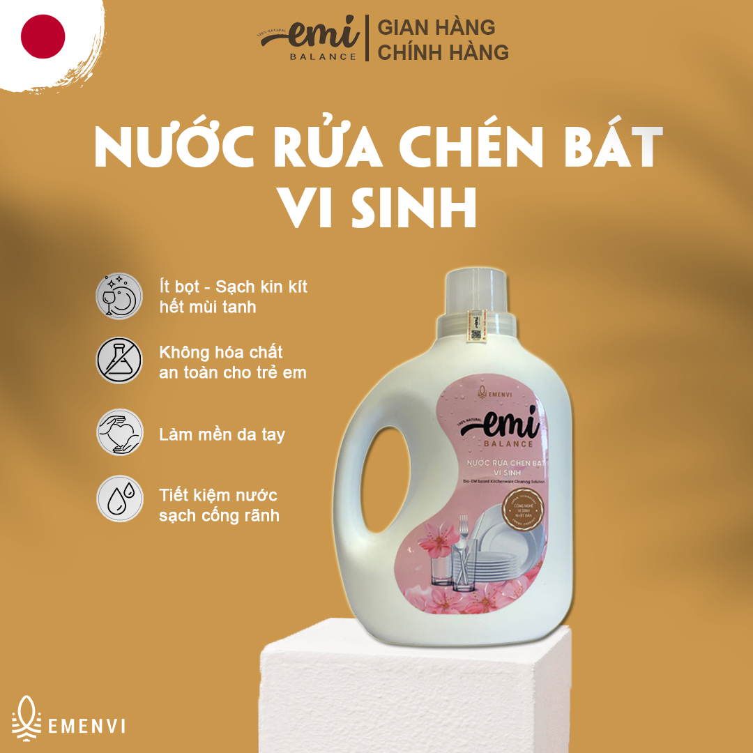 Nước rửa chén bát vi sinh Emi Balance an toàn cho người dùng không gây khô kích ứng da tay can 2L