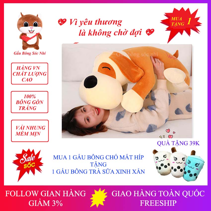 Gấu bông chó mắt híp đáng yêu - gấu bông sóc nhí 07 - gấu bông cao cấp vải nhung co giãn 4 chiều - mua 1 gấu bông gối ôm chó mắt híp tặng 1 gấu bông trà sữa xinh xắn