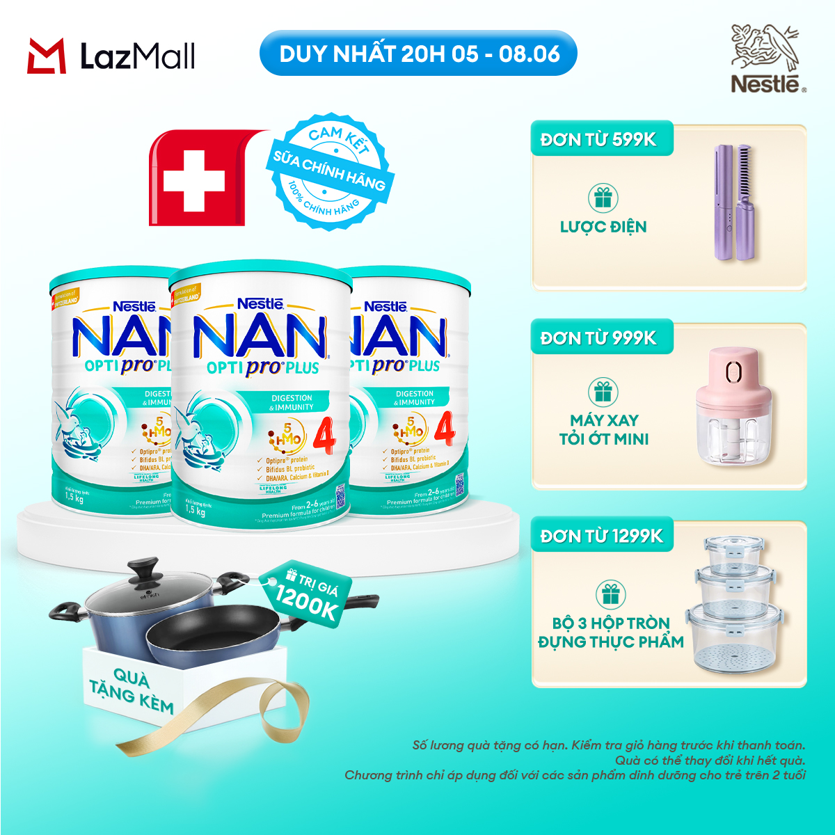 [Chỉ 20H 05-08.06 QT Đơn 599K/999K/1299K][Tặng Set Nồi Chảo Elmich] Bộ 3 lon Sữa Bột Nestlé NAN OPTIPRO PLUS 4 1500g Cho Bé 2 - 6 Tuổi: Công Thức Độc Quyền Nhập Khẩu Từ Thụy Sỹ, Chứa Phức Hợp 5-HMO