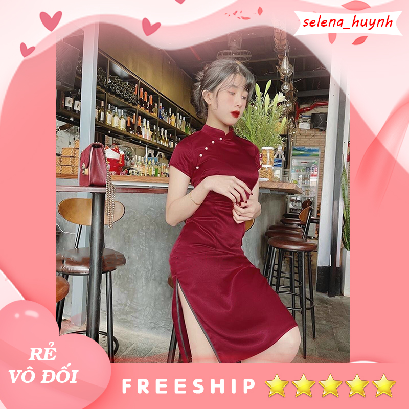 Đầm sườn xám cổ áo dài xẻ tà màu đỏ SELENA57
