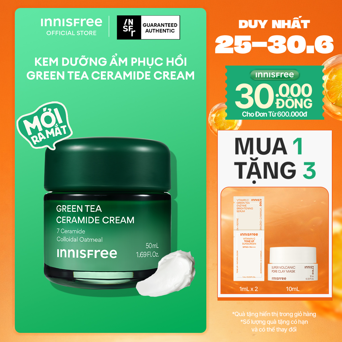 Kem dưỡng cấp ẩm, phục hồi INNISFREE Green Tea Ceramide Cream 50ML
