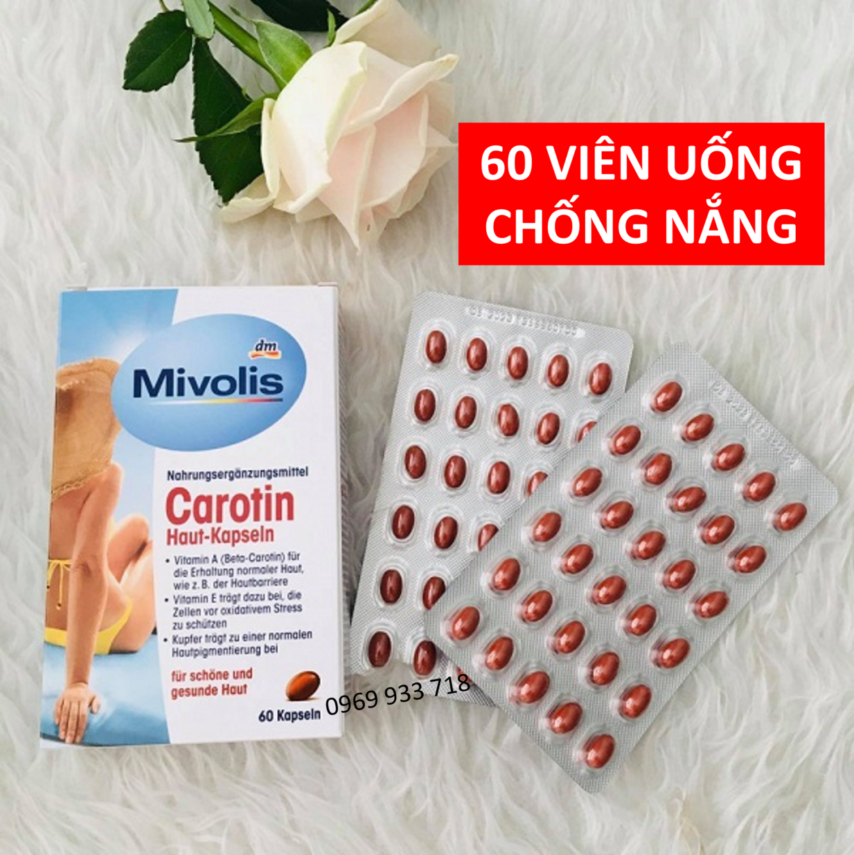 [HÀNG XÁCH TAY ĐỨC] VIÊN UỐNG CHỐNG NẮNG, BẢO VỆ DA KHỎI TIA UV VÀ UNG THƯ DA, TẠO COLLAGEN MỚI GIÚP DA SÁNG MỊN - CAROTIN, hộp 60 viên - Mivolis