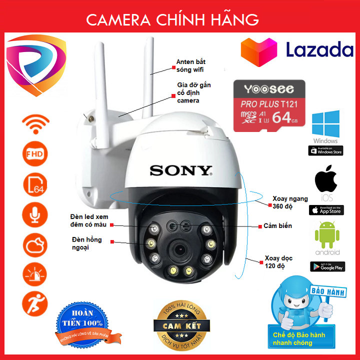 ( Tùy Chọn Thẻ Nhớ Yoosee Bảo Hành 60 Tháng ) Camera Wifi Sony PTZ Xoay 360 Độ 3.0 Ngoài Trời - Trong Nhà 3.0 Mpx Full Hd 1080P , Siêu Chống Chịu Thời Tiết