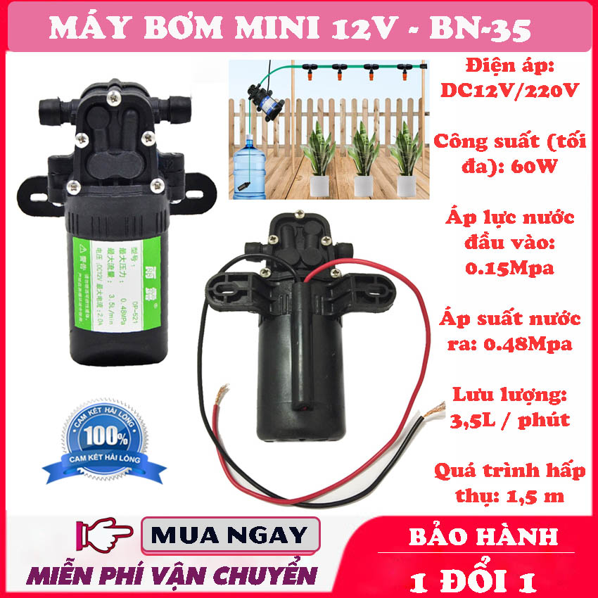 Máy Bơm Mini 12V Công Suất 60W, Áp Lực Cao, Lưu Lượng Nước 5,5L phút, Lõi moto đồng, Động cơ khỏe, Sử dụng làm bộ phun sương tưới cây bộ rửa xe mini, Nhỏ Gọn Thực Tế. Bảo Hành 1 Đổi 1.