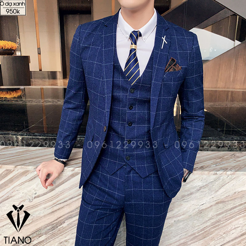 Bộ Vest nam cao cấp 1 cúc Hàn Quốc XANH ô dạ cực sang trọng, Suit Nam Cao Cấp