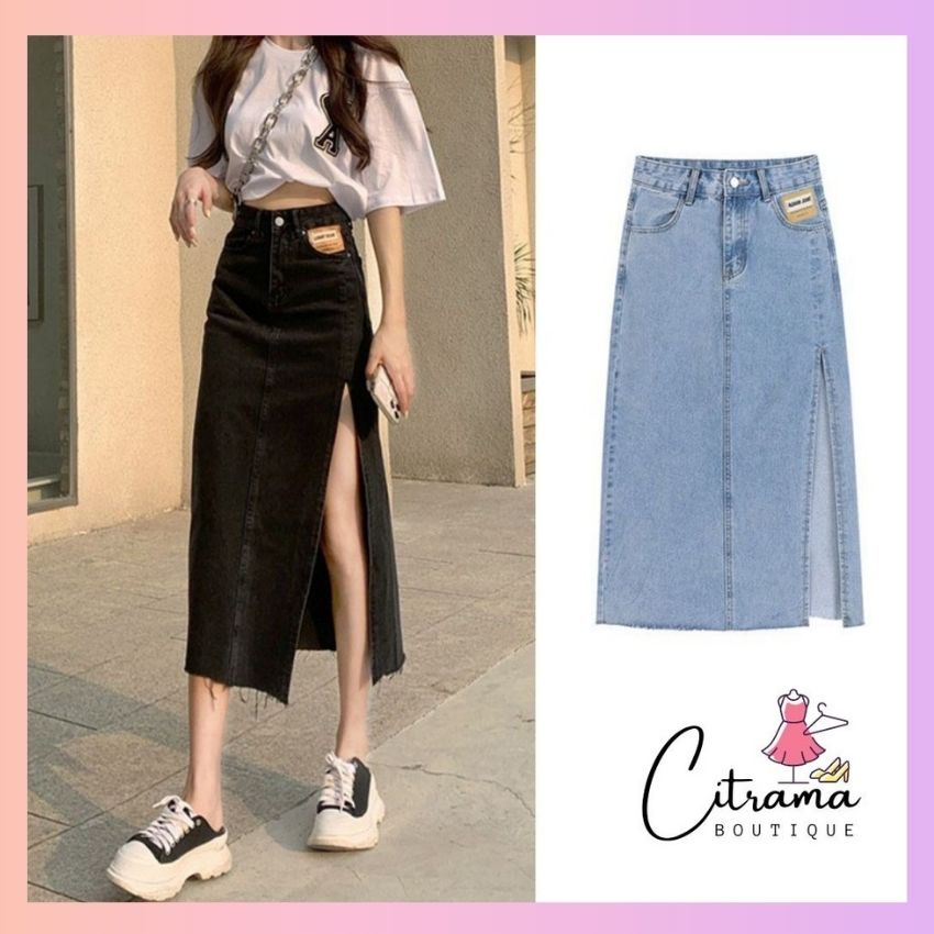 Chân váy bò xẻ tà dáng dài chân váy denim lưng cao quyến rũ cho nữ CVJ02