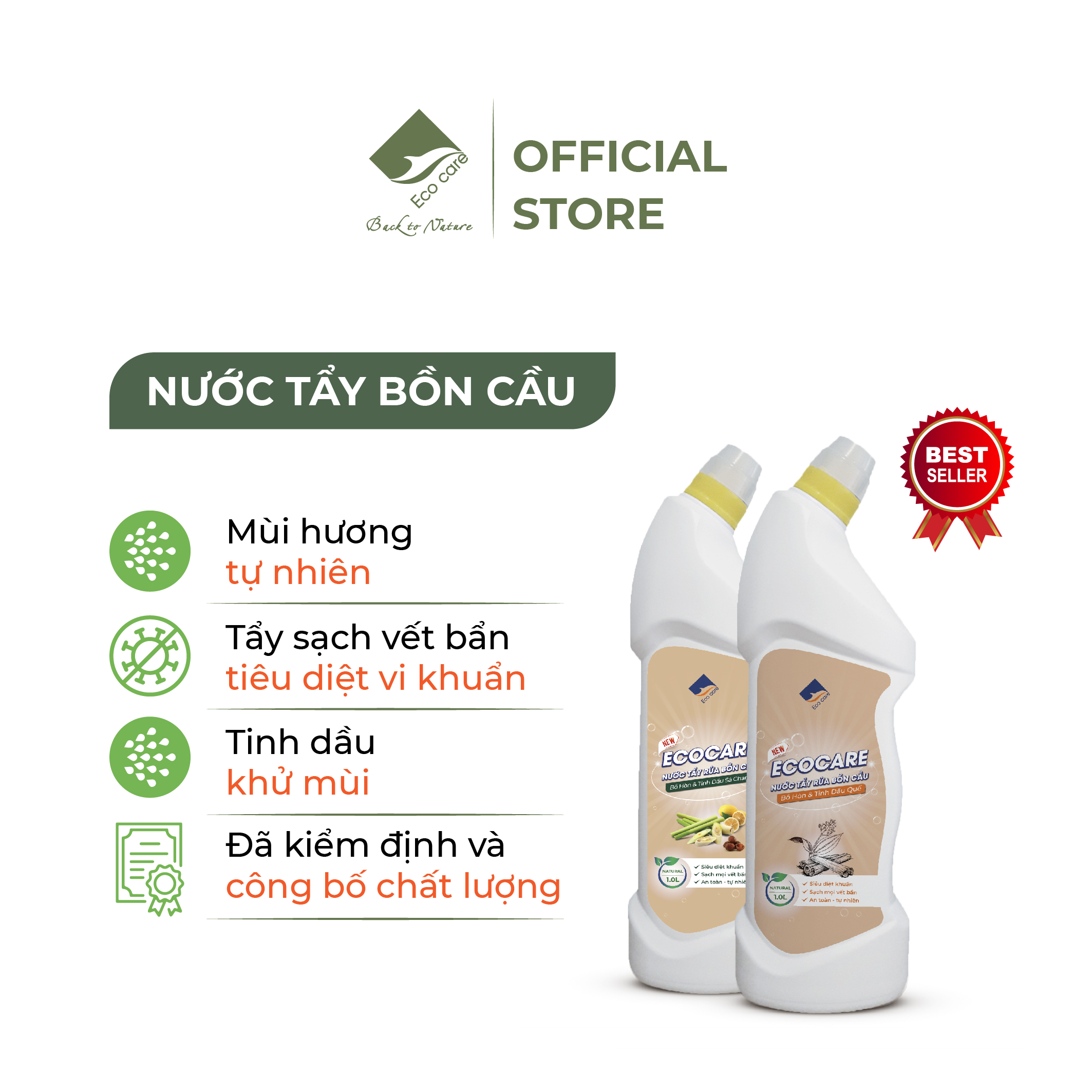Nước tẩy rửa bồn cầu hữu cơ ECOCARE 1L chiết xuất từ Bồ hòn kết hợp tinh dầu Quế giúp diệt khuẩn khử mùi hiệu quả