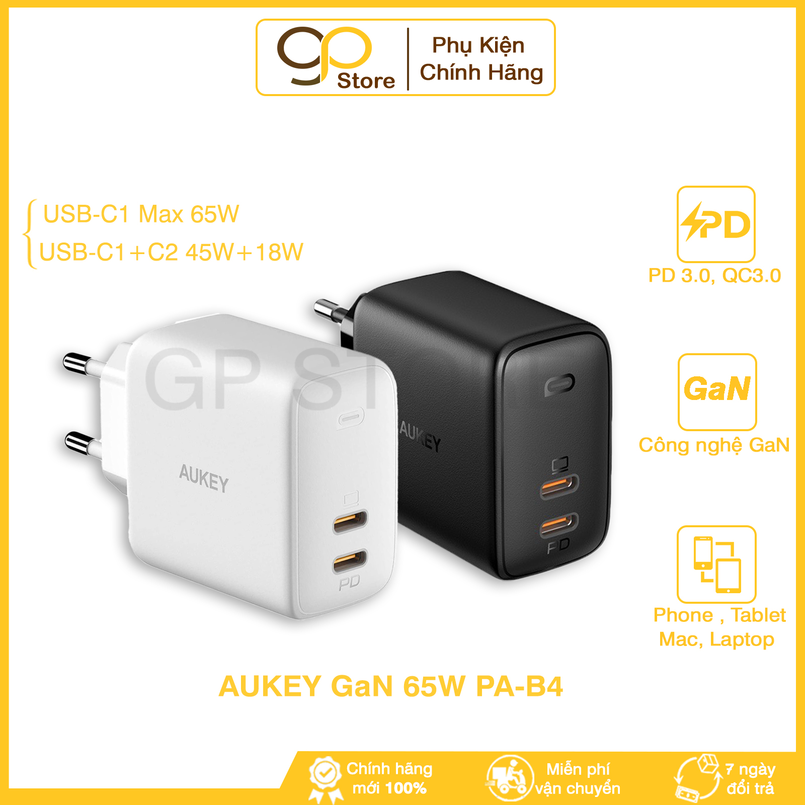 Củ sạc nhanh gan aukey pa-b4 công suất 65w, sạc laptop 65w, pd 20w cho ip | bảo hành 12 tháng