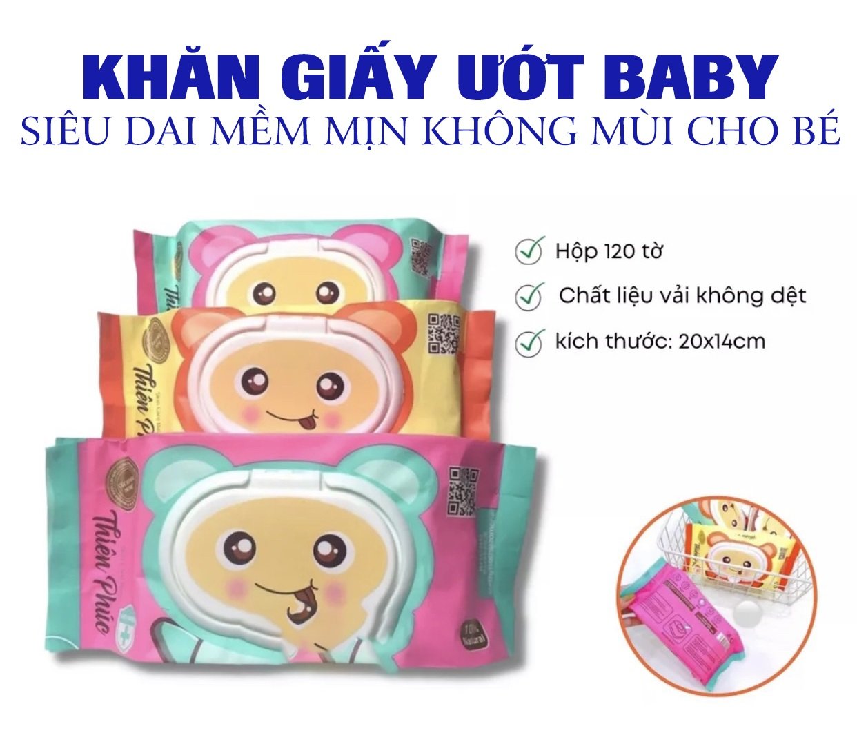 Combo 10 Gói Khăn Giấy Ướt Thiên Phúc, Khăn Giấy Ướt Cho Trẻ Sơ Sinh, Khăn Ướt Kháng Khuẩn,  giấy ăn
