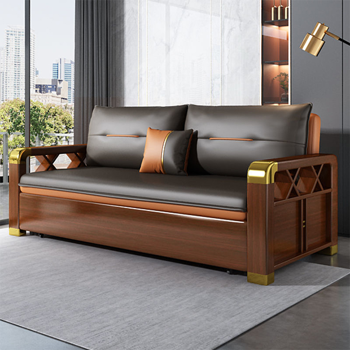 Giường Sofa Hiện Đại Tay Gỗ Đệm Xơ Dừa Vải Nano Sofa Giường Thông Minh Hàng